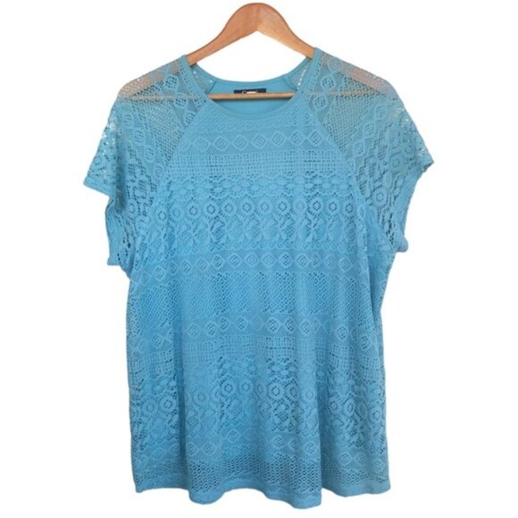 Chaps Teal Lace Pullover Top Short Sleeve 1X Plus Size - Picture 2 of 9